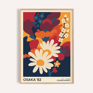 Art Flower Print with white daisies and colourful retro shapes in a wooden frame