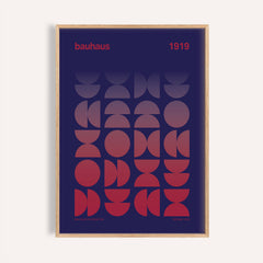 Framed graphic design poster with red and purple geometric gradient shapes in bauhaus style