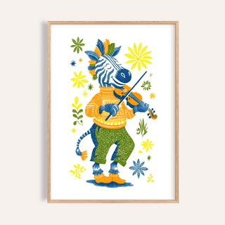 Framed print of zebra playing violin poster with folk-art style and bright colours
