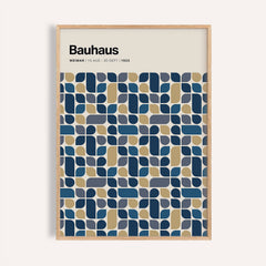 Framed print close-up of a geometric grid pattern in navy and gold with Bauhaus text