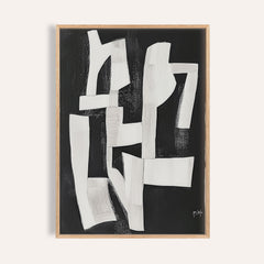 Framed Wabi Sabi Wall Art for Living Room with white abstract shapes on a black background