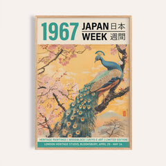 Framed Peacock wall art on a cherry blossom branch in Japanese woodblock style with pastel colours