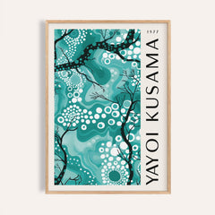 Framed teal wall decor of abstract branches with white dots and dark lines