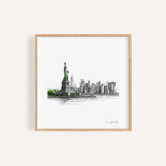 Framed New York City Travel Poster with minimalist Statue of Liberty and Manhattan skyline in black and green
