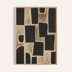 Wabi Sabi artwork of black abstract shapes in a minimalist style framed in light wood
