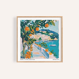 Framed Art Prints of Italy showing an orange tree by a seaside path with turquoise water and hills