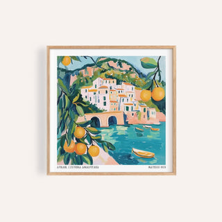 Framed Amalfi Coast painting of a coastal town with citrus in blue green and orange tones