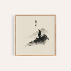 Framed print close-up of samurai wall art in japanese-ink style with muted grey and beige tones