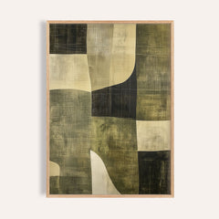 Framed Wabi Sabi Green artwork with abstract olive shapes in green and beige tones