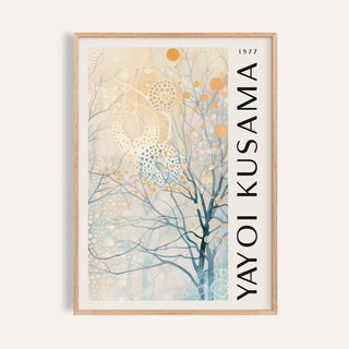 Framed Sitting Room Art showing an abstract tree with dots in blue and orange hues