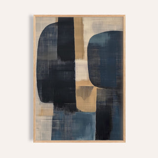 Framed Wabi Sabi Painting featuring abstract shapes in dark blue and beige tones