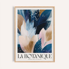 Framed La Botanique Print of abstract floral leaves in blue and brown tones