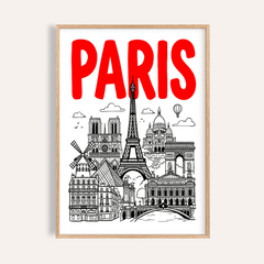 Framed Paris City Art Print with red text and black line-art of Paris landmarks on cream wall