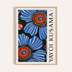 Framed Blue Floral Home Decor print with blue and orange poppy flowers and black background