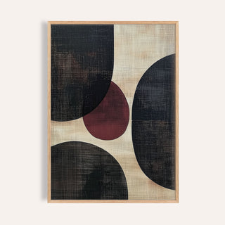 Wall Art Abstract with textured rounded shapes in black and dark red with a light beige background