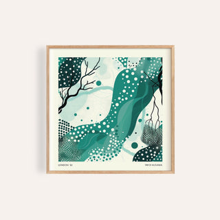 Framed Nature Wall Art with abstract green shapes and white dots on a pale background