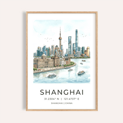 Framed Shanghai City Art Print showing a watercolour illustration of the Shanghai skyline with blue and beige tones