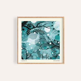 Framed Teal Home Decor artwork featuring abstract moonlit branches in teal and white
