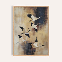 Birds Flying wall art of flying cranes with beige and dark brushstroke background