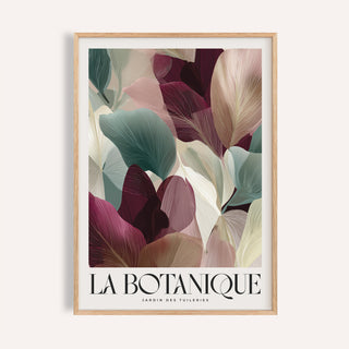 Framed print close-up of burgundy wall art with abstract leaves in muted greens and beige