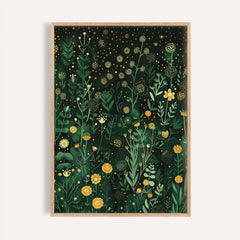 Framed Green Decor print showing yellow flowers and green foliage on a dark background