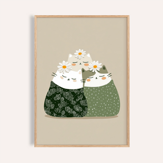 Framed Illustrated Cat Wall Art showing three cats with daisies on a beige background