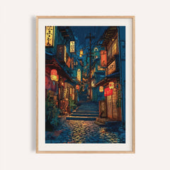 Framed Japanese drawing of a rainy street in Gion with lanterns and cobblestones