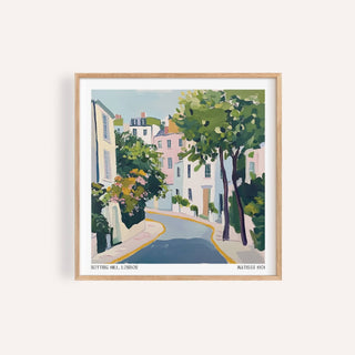 Notting Hill poster featuring a colour illustration of pastel buildings and trees in watercolour style