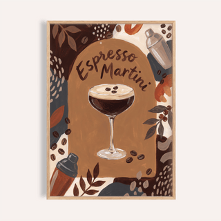 Framed Espresso Martini wall art with brown, cream and grey tones and cocktail shaker details