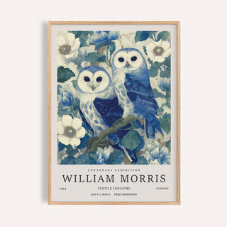 Framed Vintage Owl Print showing two blue owls with botanical illustration style detail