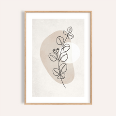 Framed botanical line art print of a simple plant stem with beige and white abstract shapes