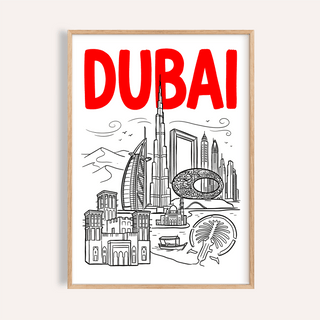 Framed close-up of Dubai City wall art with red text and black line-art illustration