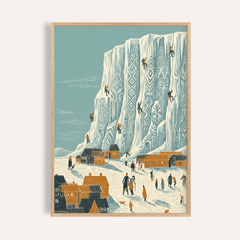 Mountain Climbing Art Print of ice climbers on patterned ice cliff in mid-century style