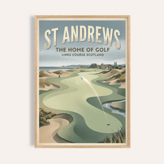 View of Scottish Links Golf Print showing links course with dunes and town skyline wall art poster