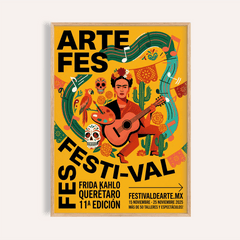 Frida Kahlo Art Print of a woman playing guitar with vibrant folk-art colours in a light wooden frame