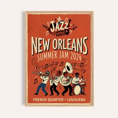 New Orleans Jazz Print with brass band illustration and floating notes