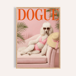 Framed Pink Poodle Print of a white poodle in a pink bikini with sunglasses and a sunhat
