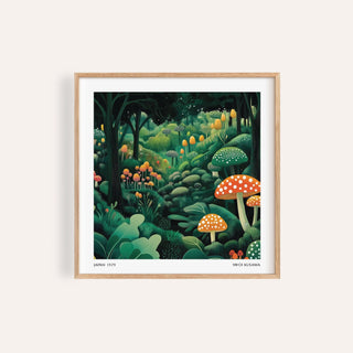 Enchanted Forest wall art showing colourful mushrooms and lush greenery in illustration style