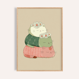 Close-up of Cute Cat Art Print with three stacked cats and daisies in soft pastel colours