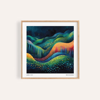 Scenic wall art showing colourful abstract hills in blue green and orange tones