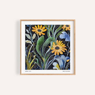 Framed print close-up of Japanese floral print with yellow daisies and blue flowers on black background