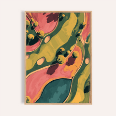 Modern Golf Aerial Poster framed close-up showing abstract golf course shapes in pink, yellow and green