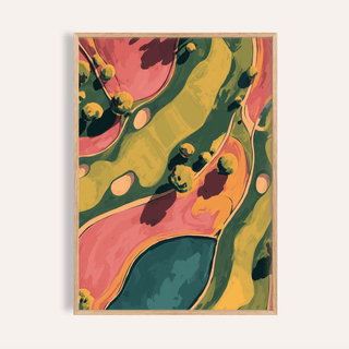 Modern Golf Aerial Poster framed close-up showing abstract golf course shapes in pink, yellow and green