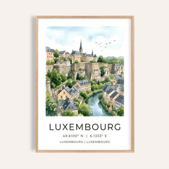 View of Luxembourg cityscape poster with river valley and cliff walls