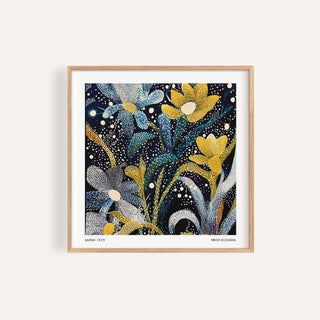 Dark Floral wall art of abstract flowers in blue yellow and white in a wooden frame