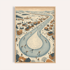 Winter Village Scene framed print of an ice skating village with blue river and orange houses