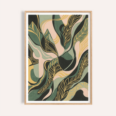 Framed Abstract Leaf Art Print with green and golden leaf shapes in a minimalist style