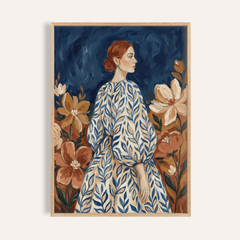 Framed modern gallery wall set print of a woman in a blue and white leafy dress with large flowers