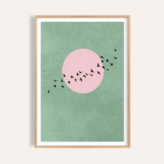 Minimalist wall art set of 2 green textured background with pink sun and black flying birds