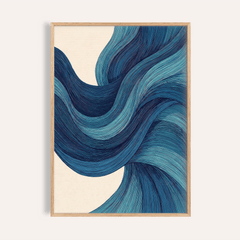Abstract Wave Art framed print close-up showing blue wave lines with an off-white background